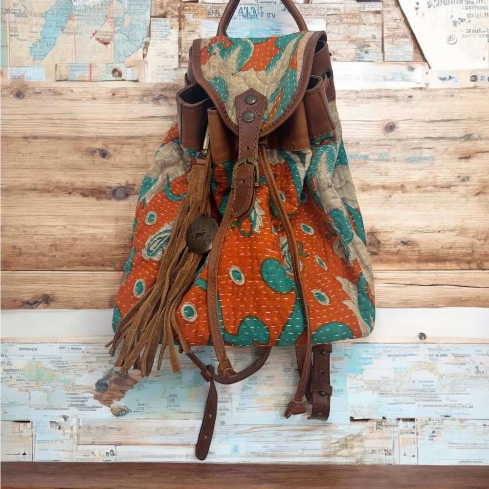Will Leather Goods Kantha Quilted Backpack Orange Turquoise Leather Trim